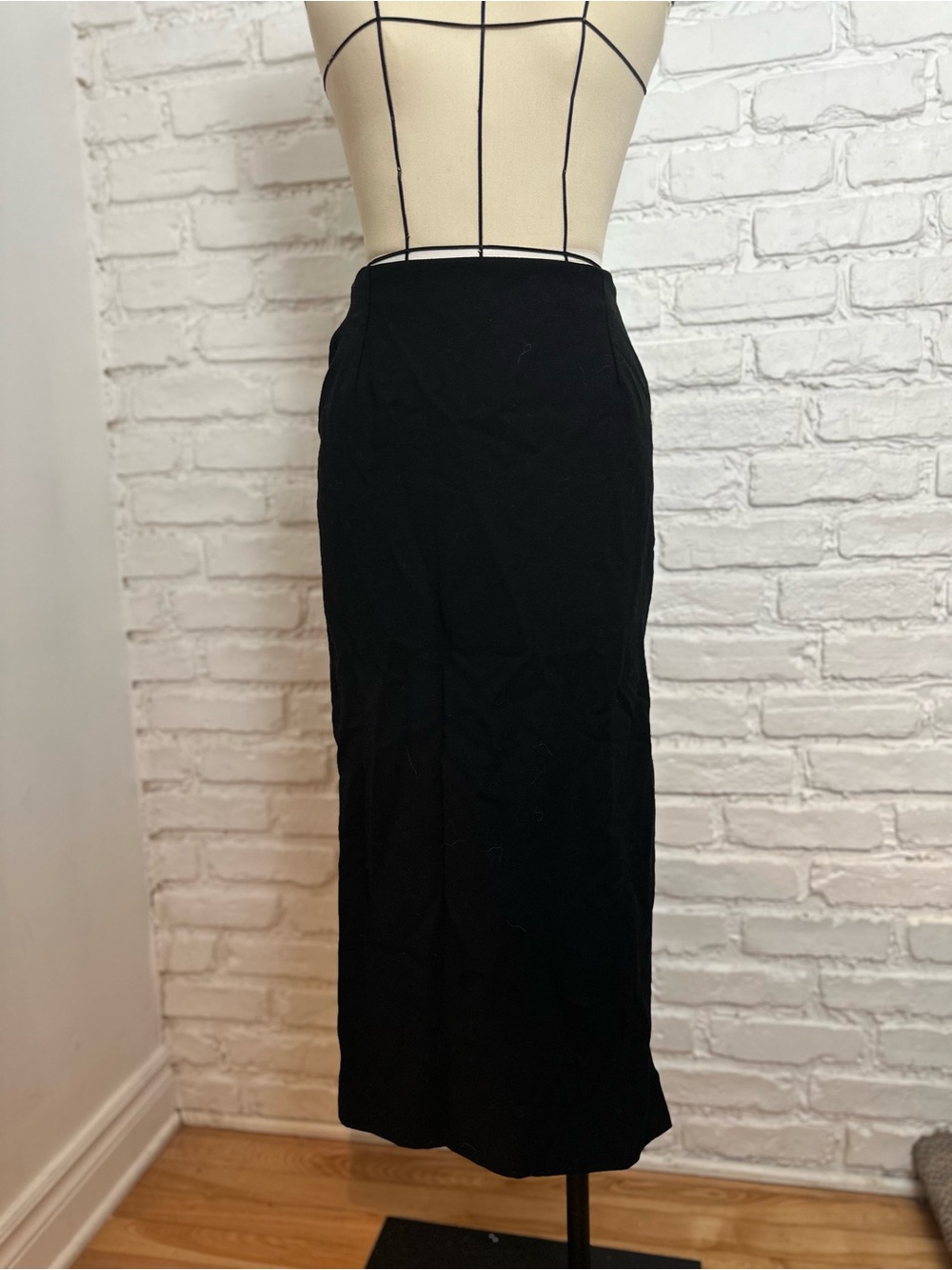90s Vintage Versace Couture Black Midi Wool Skirt - Sleek Straight Silhouette